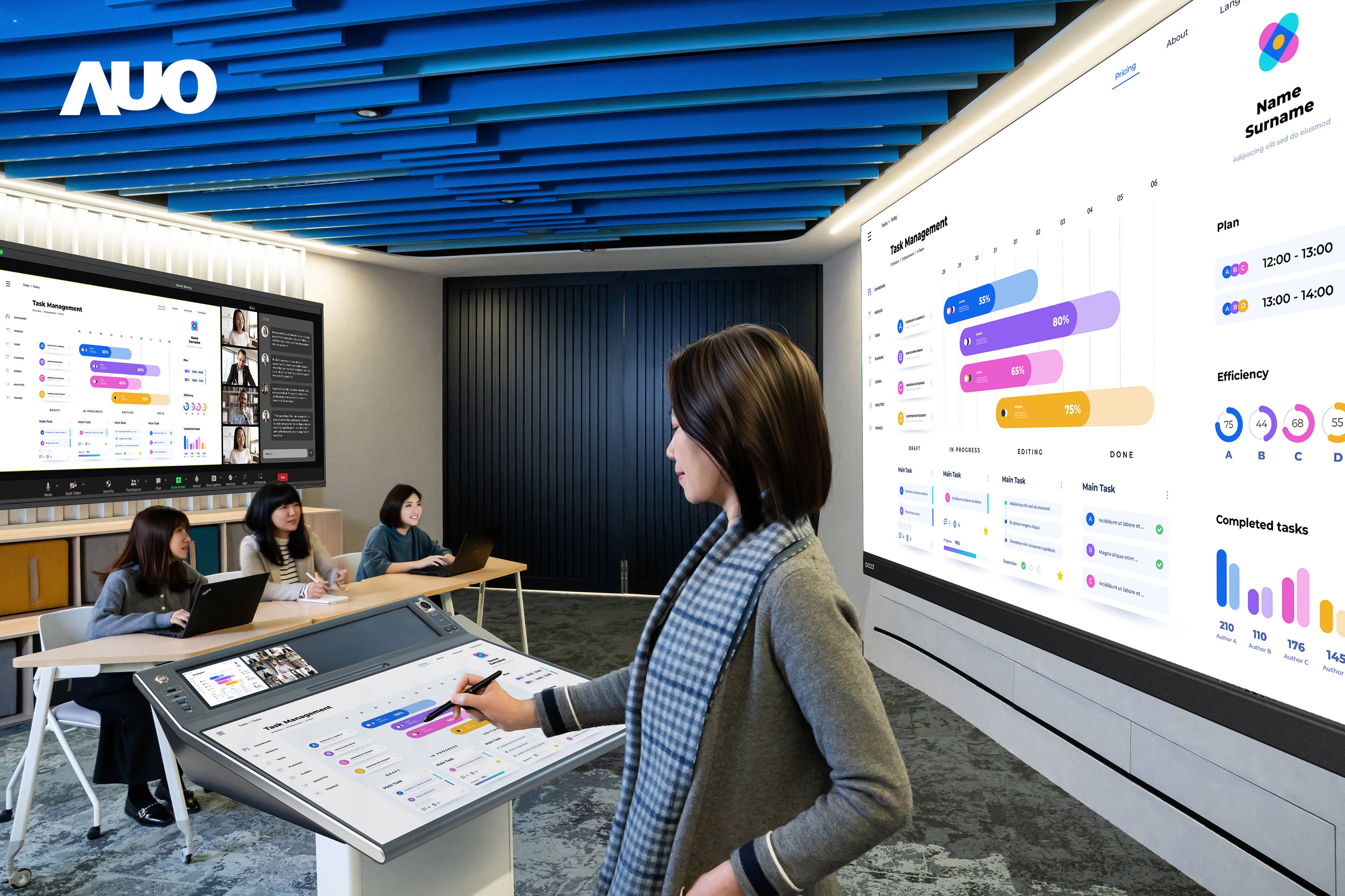 达擎携手Avocor与Rise Vision展示全方位商务领域应用，包含采用模块化设计的138吋一体式All-in-One LED显示器及具21:9超宽比例的92吋交互式电子白板（IFPD），讲者可轻松分享内容，有效提升会议协作效率。